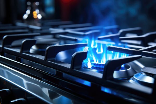 Blue kitchen gas stove flame in kitchen black cast iron