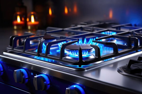 Detail view on gas cooker with blue flame on while cooking in the kitchen interior. Generative Ai.